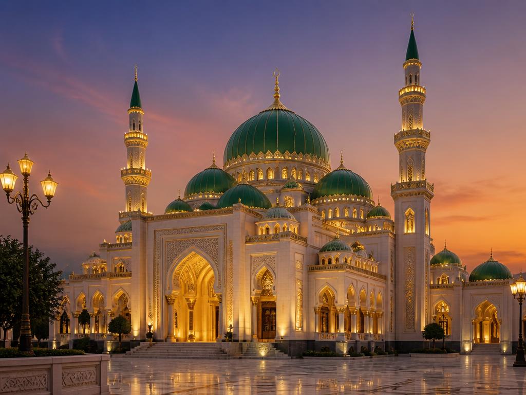 Masjid Imam Abu Hanifas facade i skumringen med kupler og gyldne detaljer